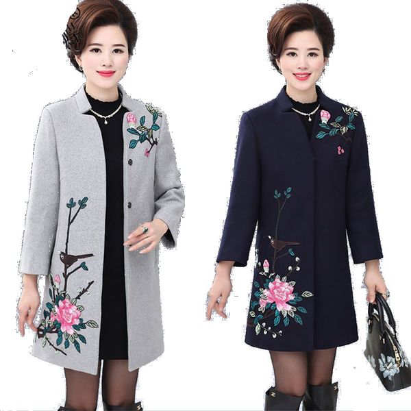 

2020 new fashion plus size winter jacket coat women vintage floral embroidery wool coat middle aged autumn woolen long overcoat, Black
