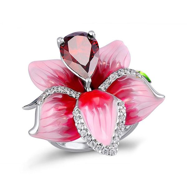 

aprilgrass brand pink series peach flower hyperbole women cocktail party ring band with pear shaped zircon stone ladies jewelry midi ring, Silver