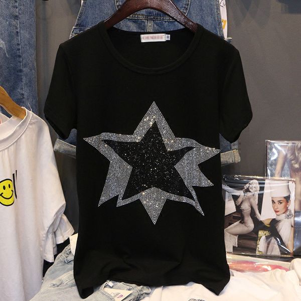 

drilling 2020 new cotton summer short sleeved t-shirt all-match leisure pullovers black stars pattern clothes for women, White
