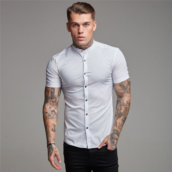 

men's dress shirts summer fashion short sleeve shirt solid fitness mens stand collar super slim fit business button gym clothing, White;black