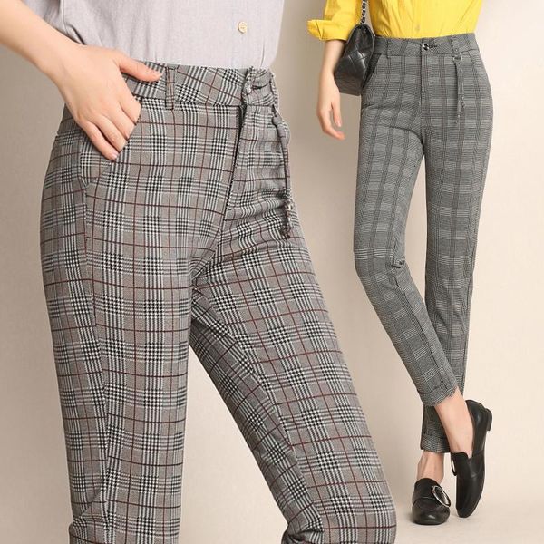 

women plaid pants ankle-length high waist spring/autumn fitness streetwear trousers plus size 3xl 4xl 5xl 6xl, Black;white