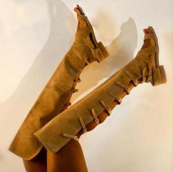 

summer camel suede over the knee boots open toe back buckle strap gladiator sandal boots cutouts flat for woman, Black