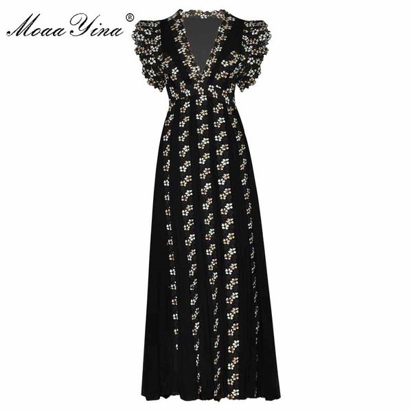

moaayina модельер летнее платье женское платье v-образным вырезом бабочки рукава цветы вышивка плиссе шифон платья, Black;gray