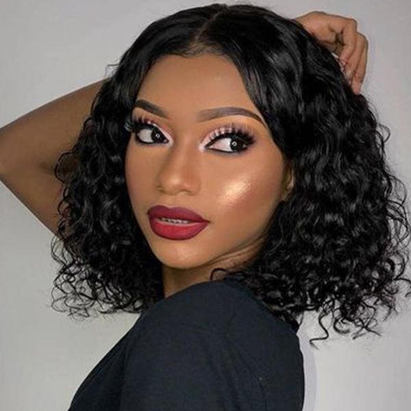 

curly human hair wigs 150% density bob lace front wigs pre plucked with baby hair brazilian remy hair wigs, Black