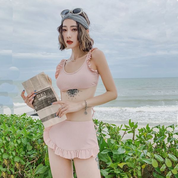 

korean new ins split high waist two-piece suit belly-covering slim cute bikini swimsuit bikini pink fresh tie-in swimsuit, Black