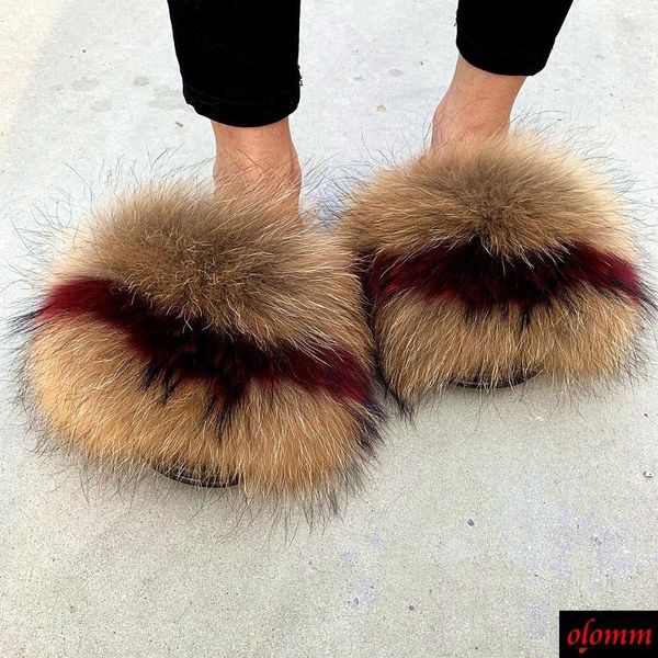 

summer multicoloured fur slippers real fur slides female indoor flip flops raccon sandals furry fluffy plush shoes, Black