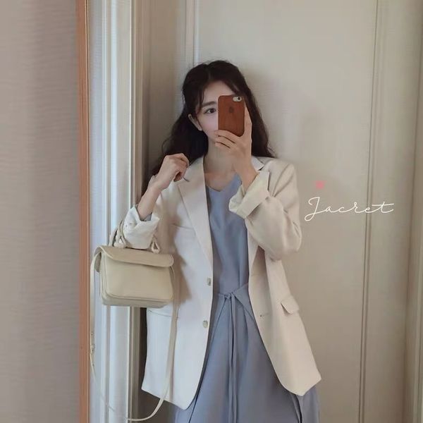 

women's suit 2020 autumn new korean style girls' white loose coat coat all-match slimming small suit top, White;black