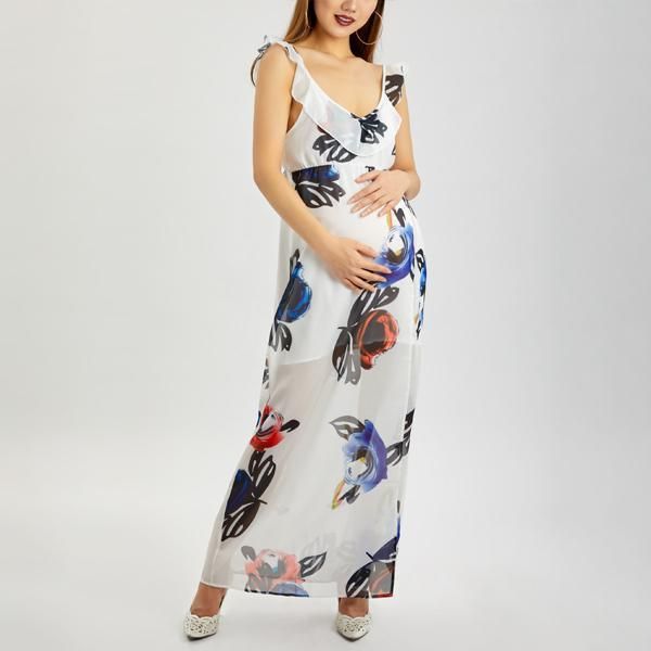 

fashion influx new european and american lotus leaf mopping print long skirt chiffon split pregnant women dress female, White