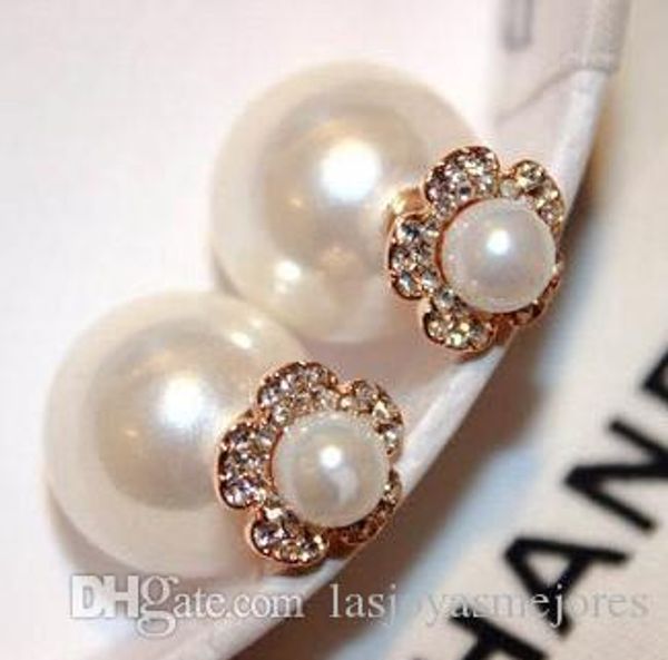 

super glittering ins fashion designer double sided lovely cute flower crystals diamonds pearl stud earrings for woman girls, Golden;silver