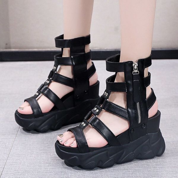 

sandals shoes woman high heels platform sandal for ladies zipper casual height increasing 8cm sandalia mujer shoes woman sandals, Black