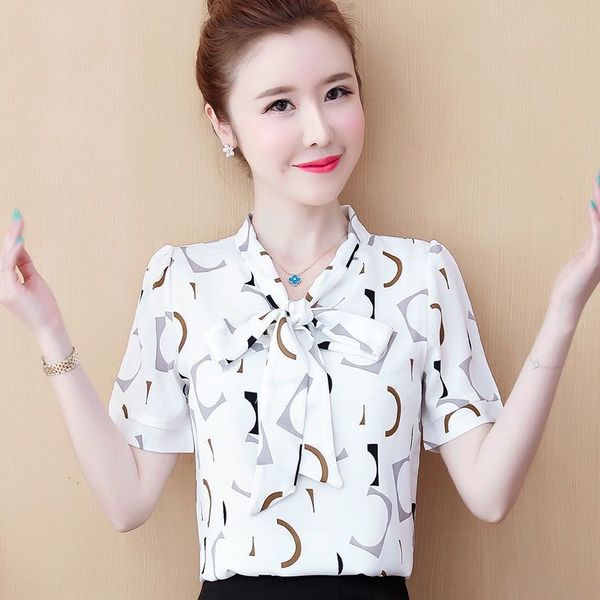 

women's short sleeve 2020 summer new korean style chiffon women's small v-neck printed outerwear shirt coat shirt shirt, White