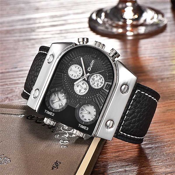 

oulm original fashion designer brand quartz watches men 3 time zone big face genuine leather watch sports male clock relogio, Slivery;brown