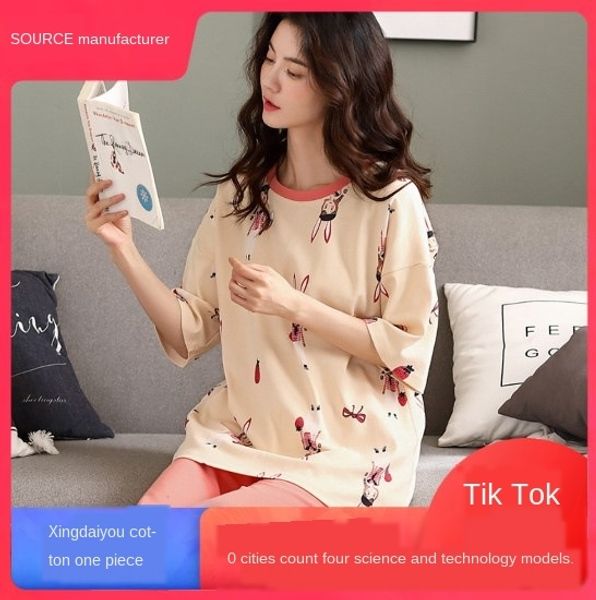 

new pajamas women's summer cotton short skirt pajamas skirt short-sleeved shorts home suit sweet fashion cartoon, Blue;red