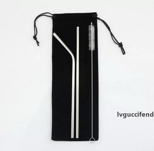 

stainless steel 21.5cm straight bent reusable drinking straws cleaning 200mm x 10mm brush brushes black straw bag pouch