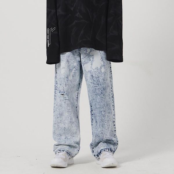 

ewq / men's wear snowflake washed hole jeans men's tide hip hop loose wide feet straight casual trousers vintage bottoms 9y2154, Blue