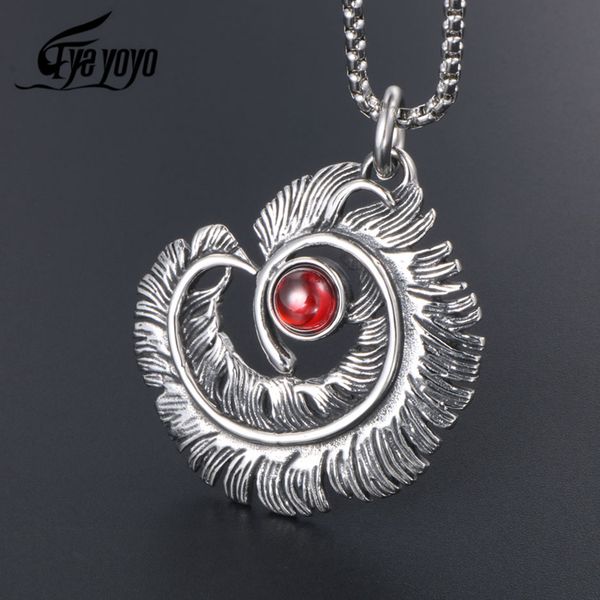 

eyeyoyo punk vintage unique stainless steel pendant necklaces casting natural stone zircon feather link chain men pendants, Silver