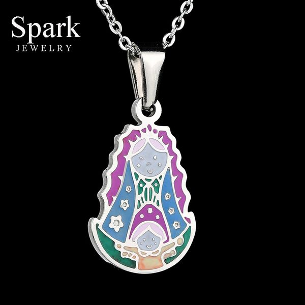 

religious stainless steel virgin mary necklace catholic lady of guadalupe necklace cartoon colorful figure chain, Silver