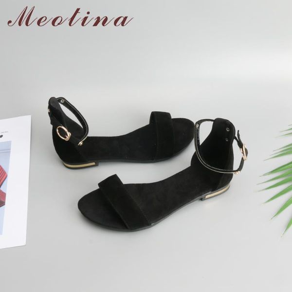 

meotina genuine leather women sandals chunky heels summer shoes 2019 peep toe suede shoes black buckle bling big size 33-46 c15