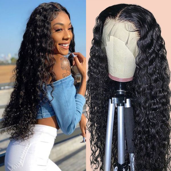 

water wave wig lace front wig pre plucked water wave closure wig curly human hair wigs brazilian lace frontal wigs, Black