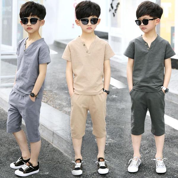 

kids clothes sets short sleeve t shirt+pant 2 pc suit children suits fashionable pure cotton linen summer 4-12 ages, White