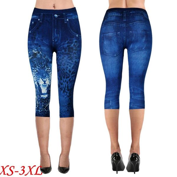 

fashion women jean-like hollow-out printed high-waist elastic seven-cent pants printed tight trousers female jean like plus size, Black;blue