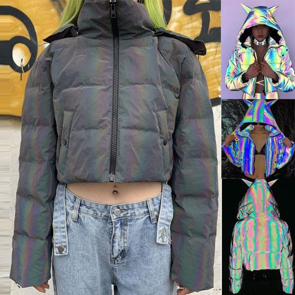 

new women colorful rainbow reflective light winter jacket windbreaker reflection glow hooded parka young cotton warm padded coat, Black;brown
