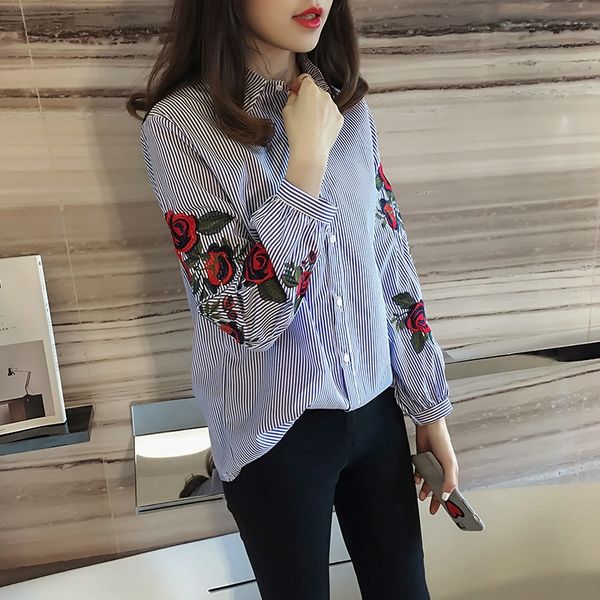 

long sleeve 2019 spring and autumn new korean style large size loose slimming striped embroidered shirt women's casual shirt, White