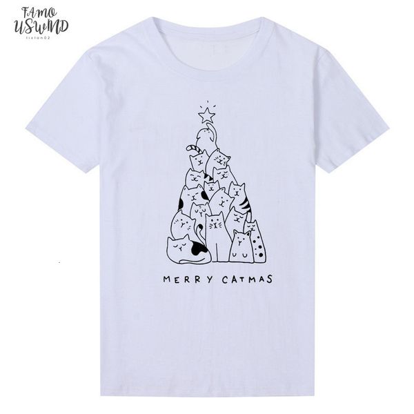 

christmas shirts merry catmas tshirt women funny polyester print cat trees kawaii festival teenage t shirt female clothes, White