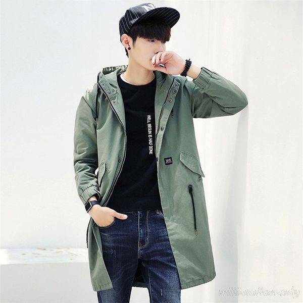

men autumn olive green long trench coats winter manteau homme windcheater zipper overcoat hooded peacoat korean fashion designer, Tan;black