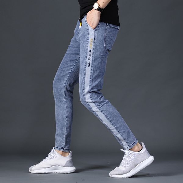 

men's jeans summer ankle-length pants men blue slim fit elastic waist joggers jean 2021 fashion side stripe denim trousers