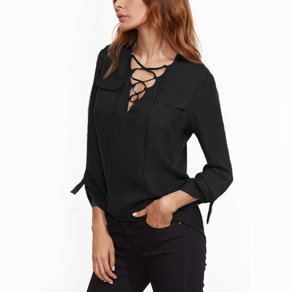 

celmia elegant office shirts women's fashion blouses 2020 spring autumn v- neck lace up casual pockets solid blusas, White