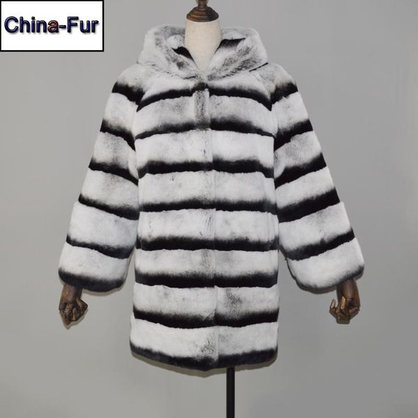 

women real rex fur hooded coat warm soft long style genuine rex fur jacket overcoat, Black