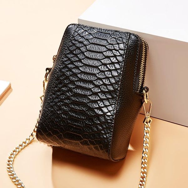 

black leather phone bag female diagonal crocodile pattern chain bag fashion vertical section wild mobile phone mini bag gift 1172