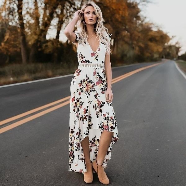 

women boho backless irregular floral printed dress 2020 summer deep v trim lace maxi dresses open back party vestidos, Black;gray