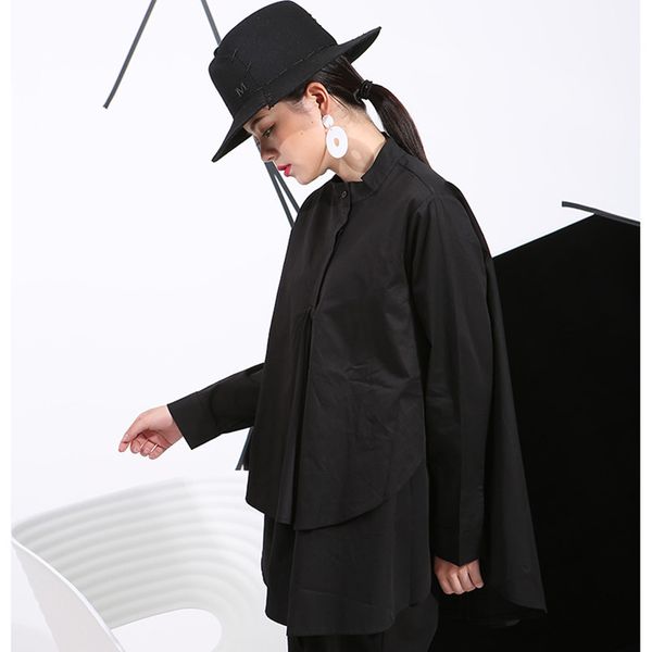 

[eam] women double layers hem cotton big size blouse new stand collarlong sleeve loose fit shirt fashion spring autumn 2020 c006 cx200710, White