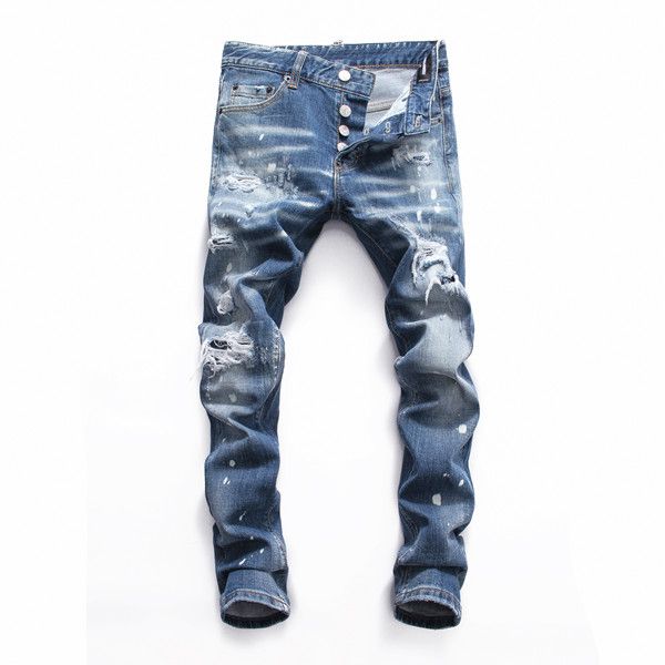 

style brand unique men's designer jeans slim jeans fashion skinny washed worn motorcycle denim pants high quality, Blue