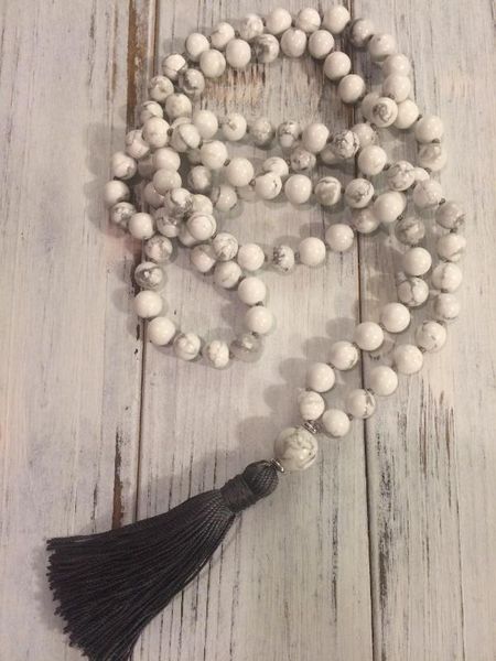 

8mm howlite108 mala beads necklace buddhist prayer beads for calming hand knotted necklace tassel necklaces white necklaces, Silver