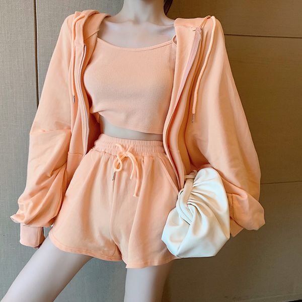 

fashion tracksuit women set sport clothing high waist shorts and short and hoodies 3 pcs suit crop hooded jackets, White