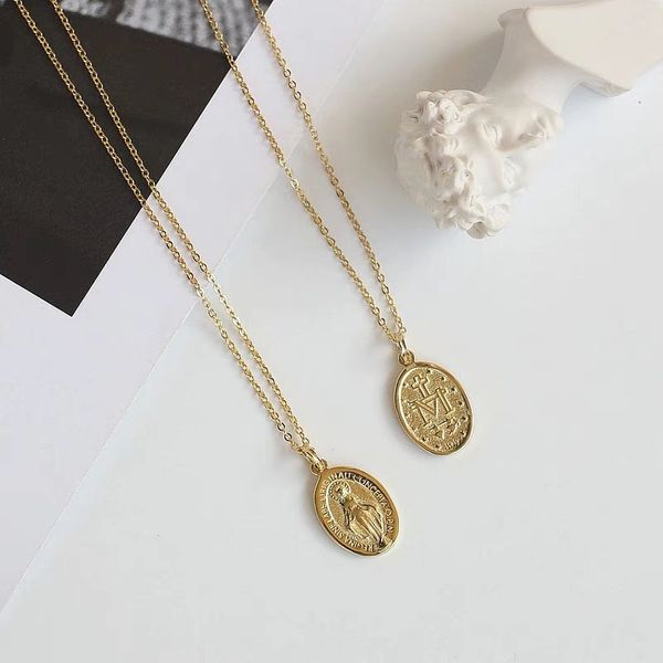 

925 sterling silver necklace retro gold virgin mary round tag coin clavicle necklace personality fashion silver female jewelry