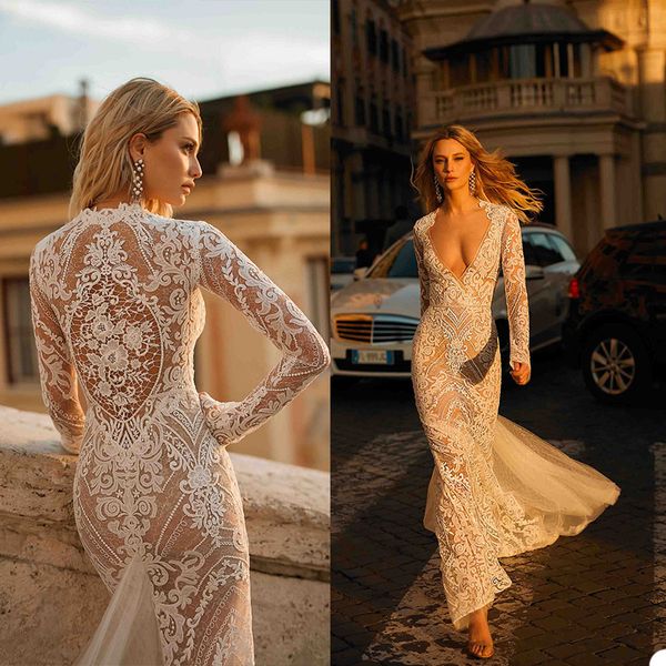 

berta 2021 wedding dresses v neck long sleeves lace appliques mermaid bridal gowns custom made floor length wedding dress robe de mariee, White