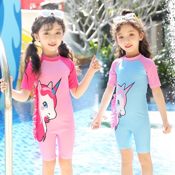 

children's girl's one-pieceswim children's long short sleeve sun protection swimsuit girl's cute swimming suit, White;black