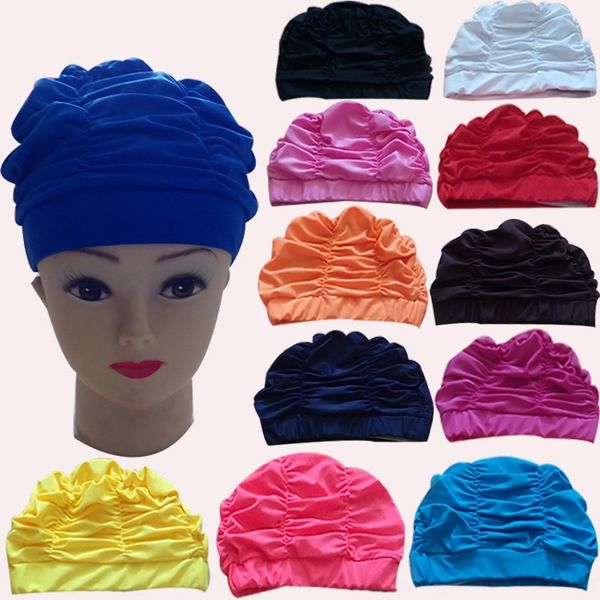 

solid color plus size long hair cap ladies swimming pool spring pleated ear protection swimming cap