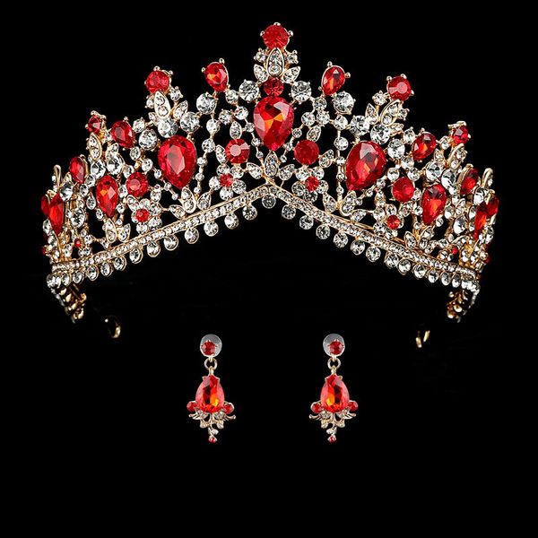 

wedding royal bridal tiara queen bride crown and earring pageant red blue green headband princess hair jewelry ornament mx200720, White;golden