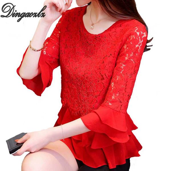 

dingaozlz 4xl plus size clothing casual patchwork lace chiffon blouse shirt new fashion female crochet ruffles women blouse, White