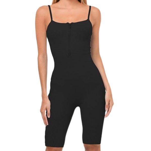 

women spaghetti strap bodycon jumsuit ribbed knit zip up biker shorts rompers, Black;white