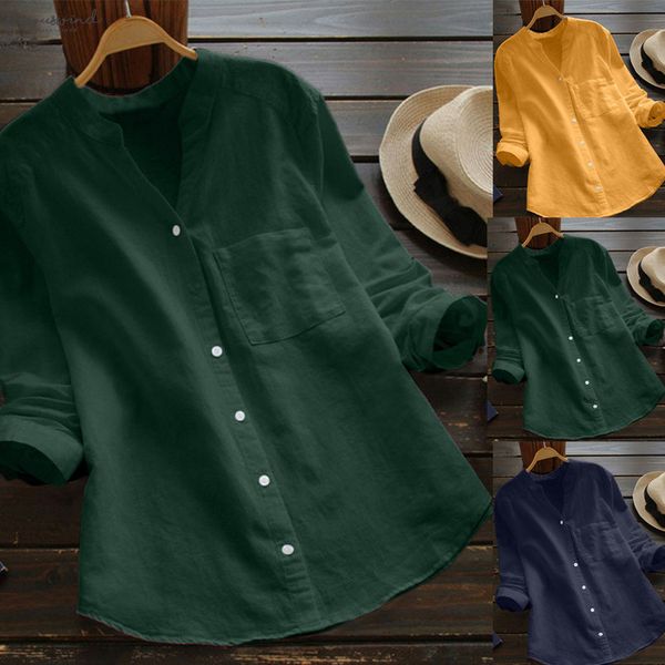 

womens clothing womens blousewomen cotton linen casual solid long sleeve shirt blouse button down vestidos verao, White