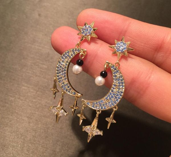 

женщины star серьга длинной кисточка moon blue темперамент fairy s925 silver pin ухо аксессуары