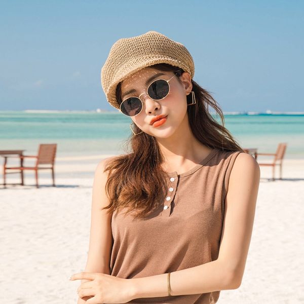 

light breathable female korean fashion web red beret sunshade straw beret octagonal octagonal hat hat 2020 new style, Blue;gray