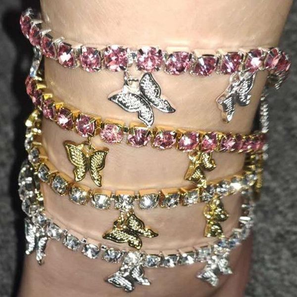 

2020 butterfly anklet hip hop jewelry for women bling bling iced out chain fashion charm adjustable anklet party gifts, Red;blue