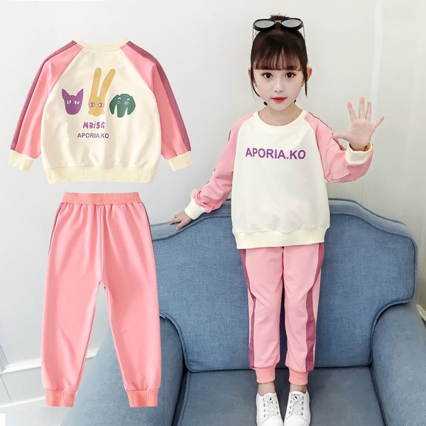

girls new 2020 autumn round collar set pants suit pants suit big children's letter cartoon leisure sports stylish two-piece set